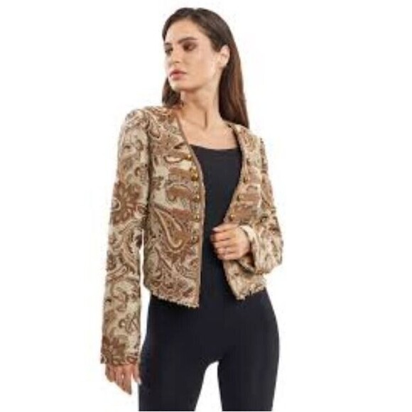 Adore Baroque Inspired Khaki Paisley Cropped Jacket Raw Hem Retails NWT $150 S - Picture 1 of 11